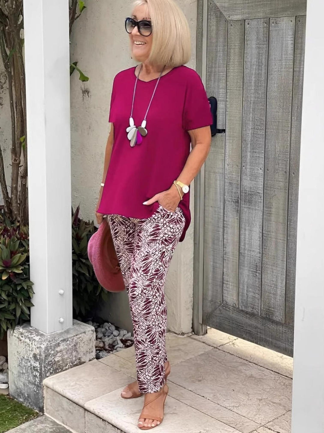 Woman wearing Red Floral Two-Piece Set | Lunova