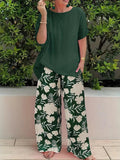 Woman wearing Dark Green Floral Two-Piece Set with wide-leg | Lunova