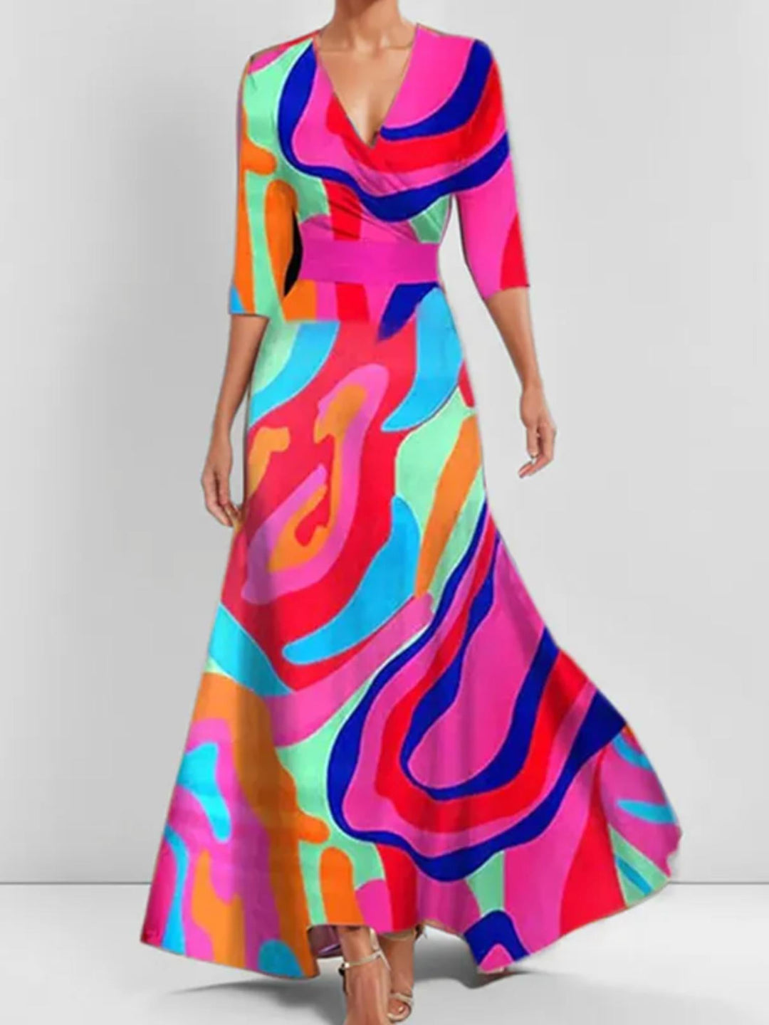 Woman wearing Red Floral Wrap Maxi Dress with A-line, wrap | Lunova