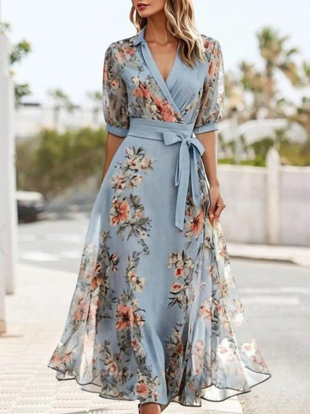 Woman wearing Light Blue Floral Wrap Maxi Dress with A-line, wrap | Lunova