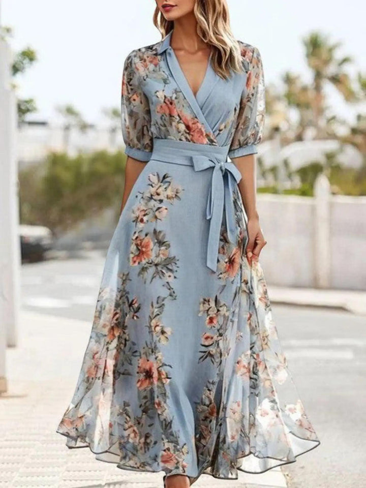 Woman wearing Light Blue Floral Wrap Maxi Dress with A-line, wrap | Lunova