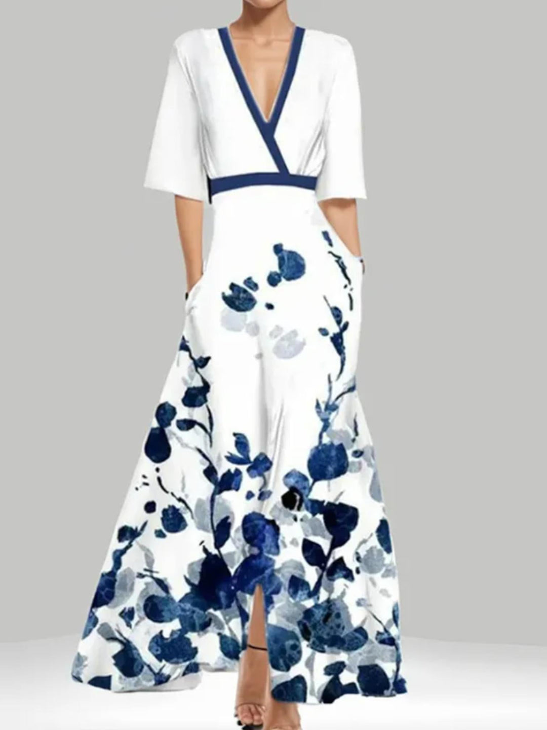 Woman wearing White Floral Wrap Maxi Dress with A-line, wrap | Lunova
