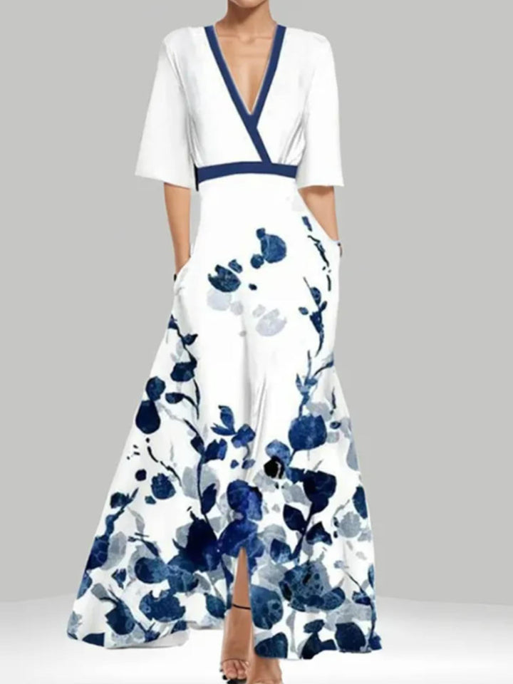Woman wearing White Floral Wrap Maxi Dress with A-line, wrap | Lunova