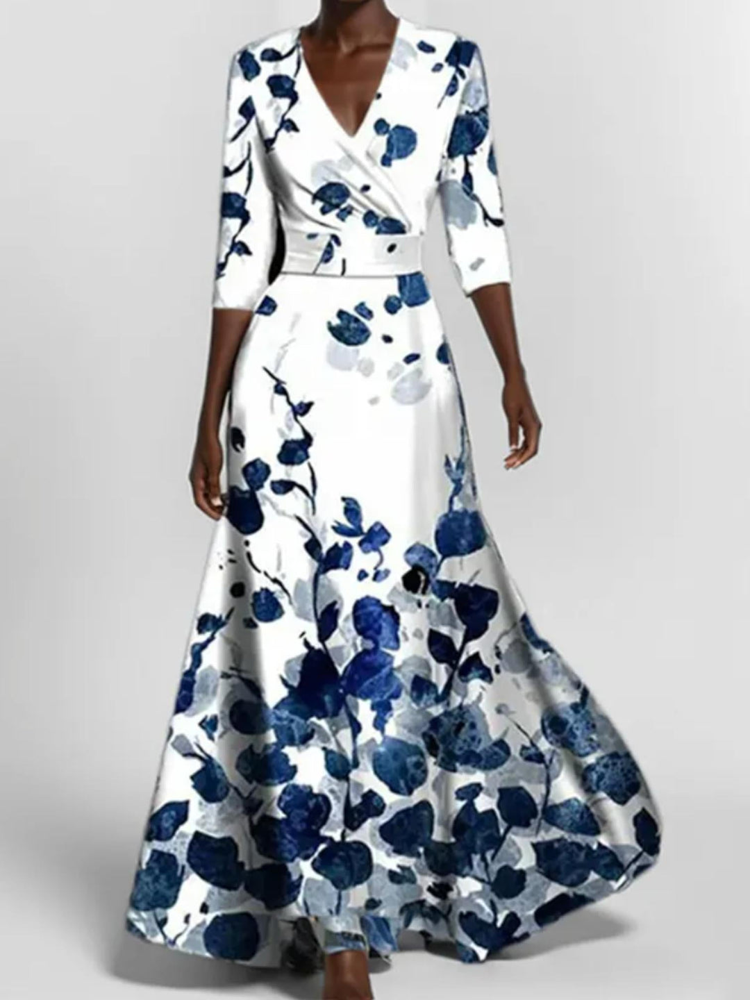 Woman wearing Blue Floral Wrap Maxi Dress with A-line, wrap | Lunova