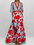 Woman wearing Red Floral Wrap Maxi Dress with A-line, wrap | Lunova