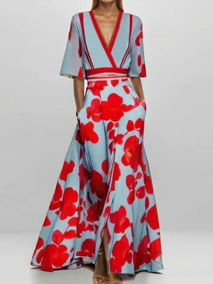 Woman wearing Red Floral Wrap Maxi Dress with A-line, wrap | Lunova