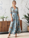 Woman wearing Floral Wrap Maxi Dress with A-line, wrap | Lunova