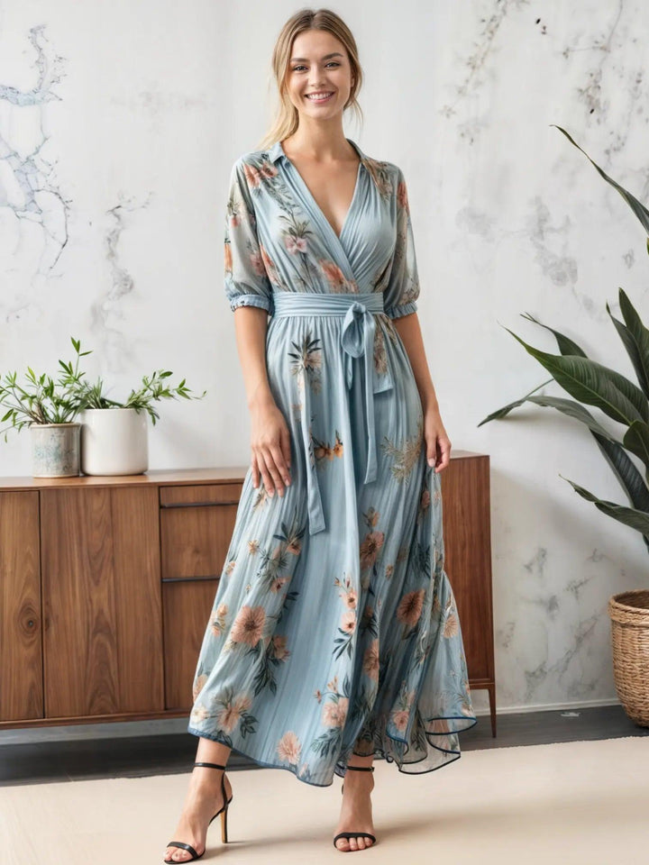 Woman wearing Floral Wrap Maxi Dress with A-line, wrap | Lunova
