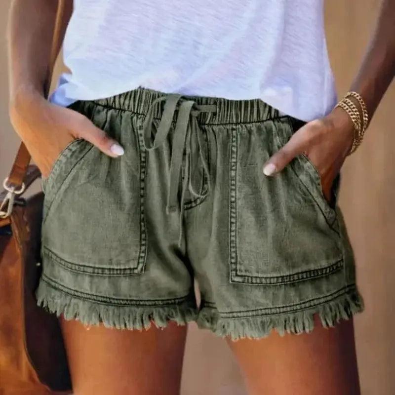 Woman wearing Army Green Frayed Denim Shorts with drawstring | Lunova