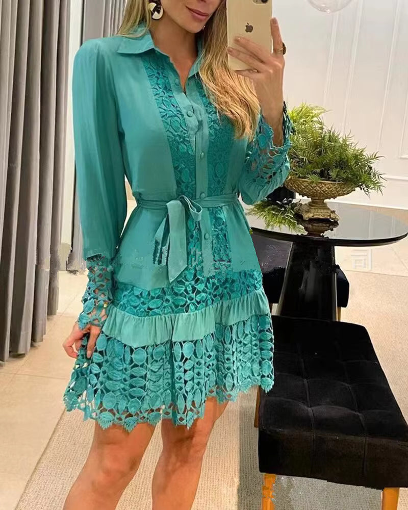 Woman wearing Blue Lace Ruffle Mini Dress with A-line, ruffled | Lunova