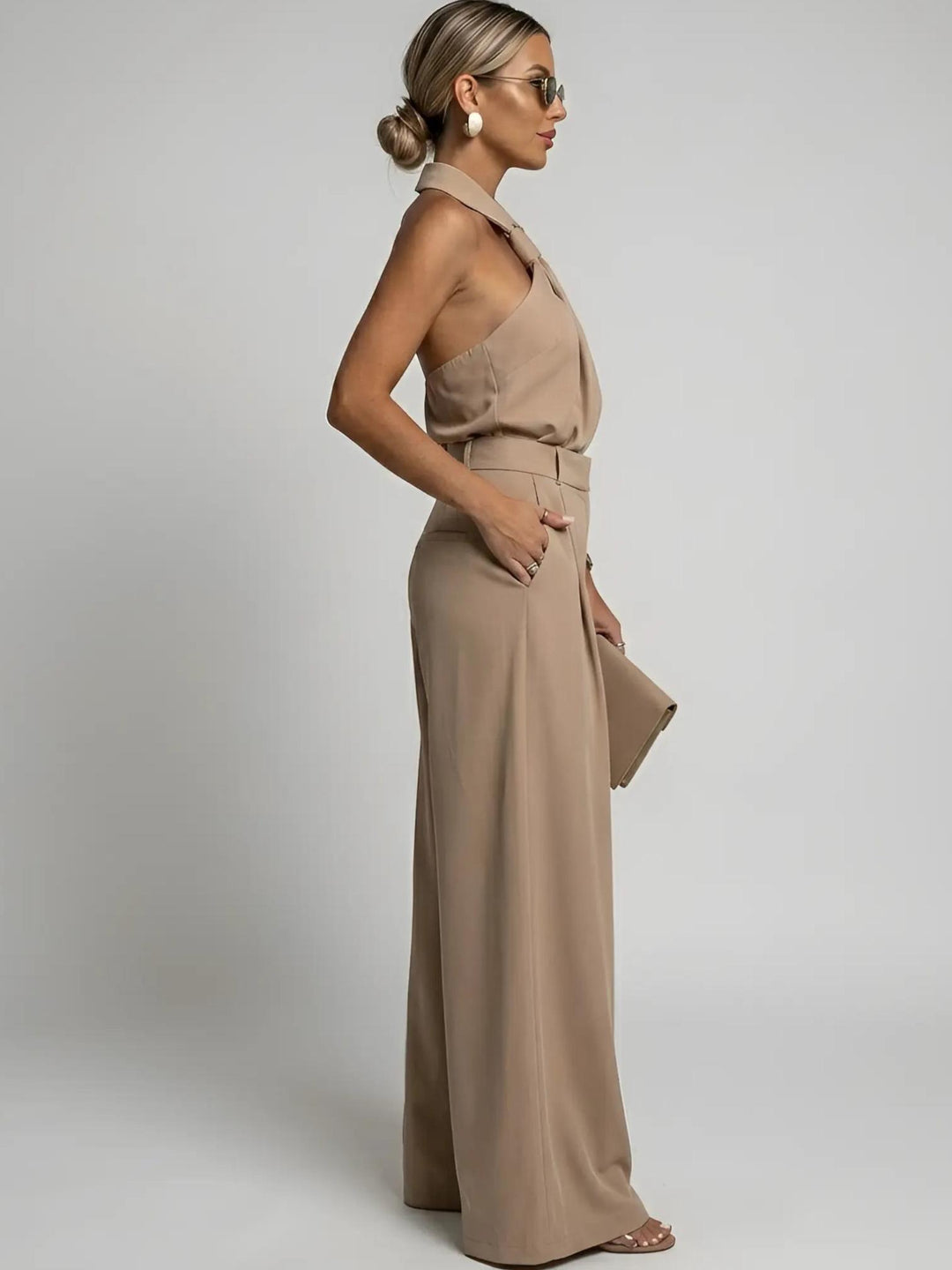 Woman wearing Halter Wide-Leg Jumpsuit with halter, full-length — view 2 | Lunova