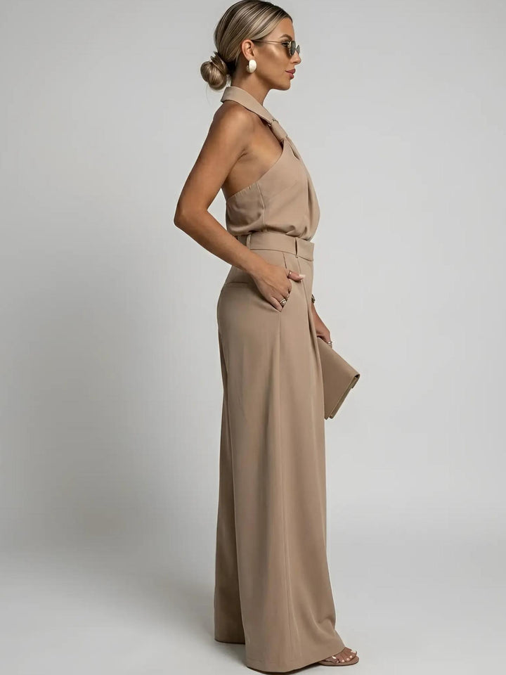 Woman wearing Halter Wide-Leg Jumpsuit with halter, full-length — view 2 | Lunova