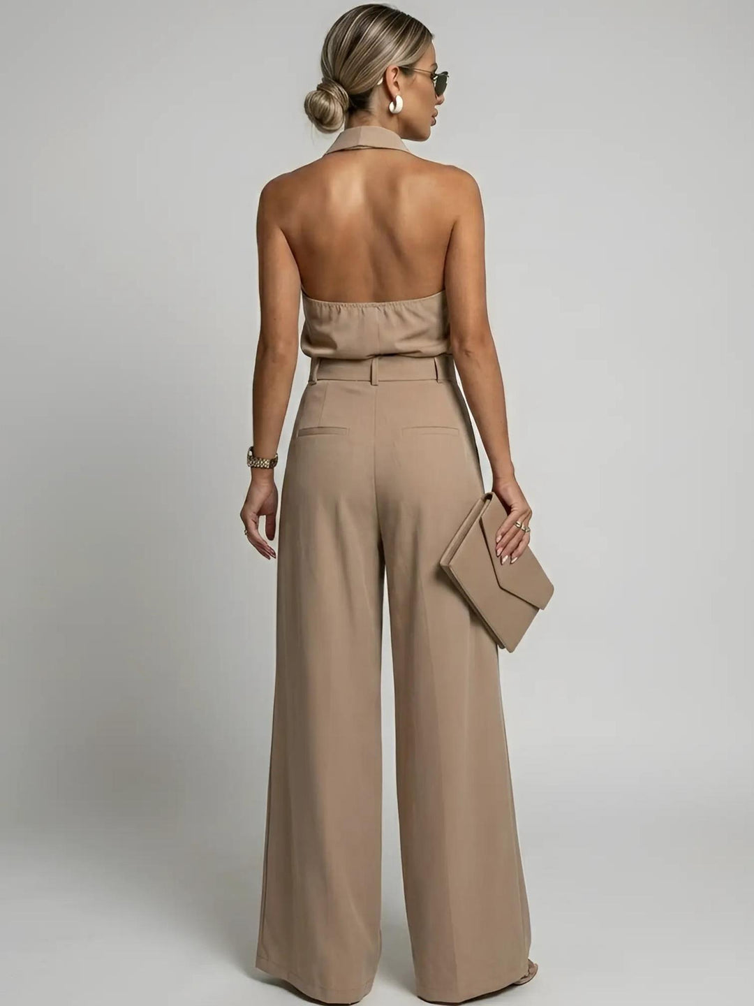 Woman wearing Halter Wide-Leg Jumpsuit with halter, full-length — view 3 | Lunova