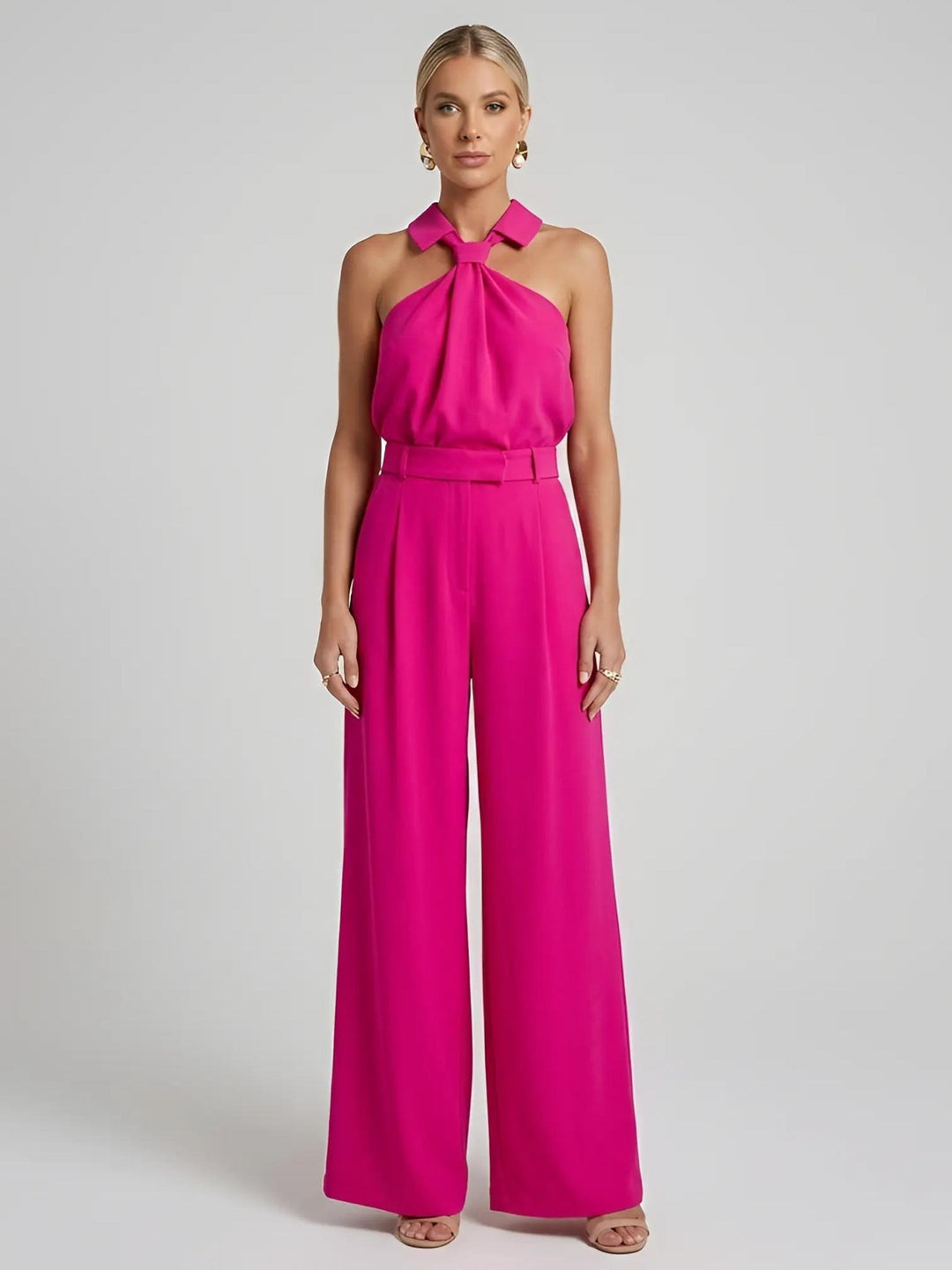 Woman wearing Red Halter Wide-Leg Jumpsuit with halter, full-length | Lunova