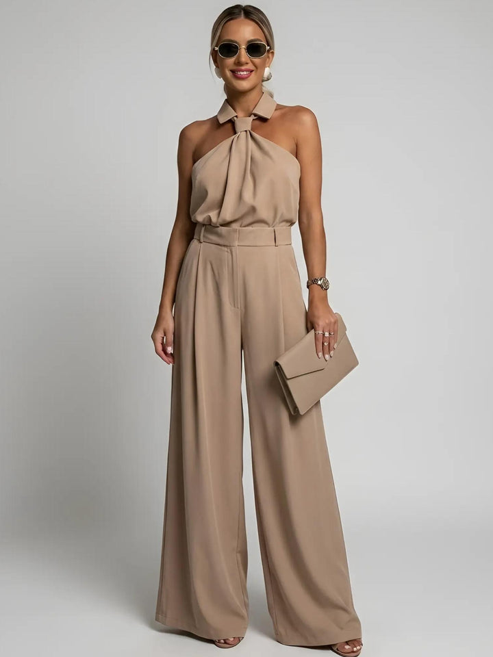 Woman wearing Khaki Halter Wide-Leg Jumpsuit with halter, full-length | Lunova
