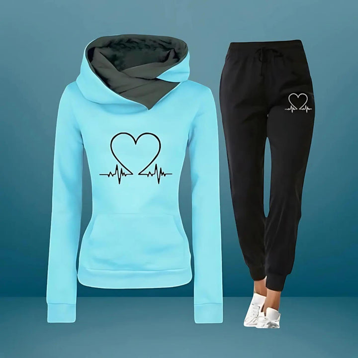 Woman wearing Light Blue Heart Print Tracksuit with relaxed | Lunova