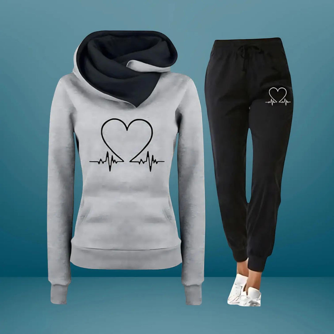 Woman wearing Grey Heart Print Tracksuit with relaxed | Lunova