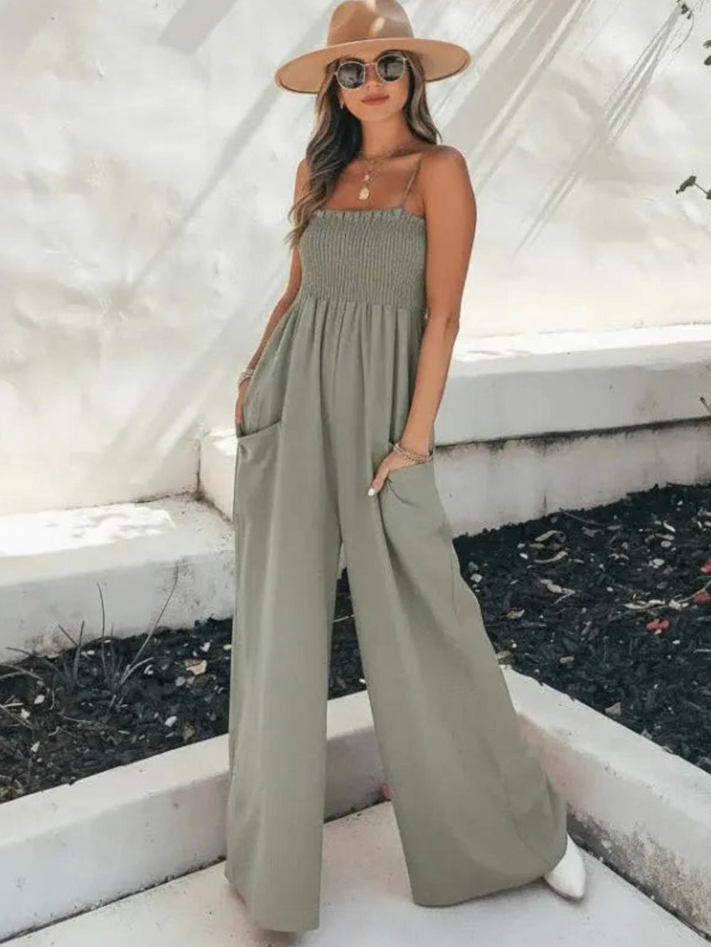 Woman wearing Grey Jumpsuit Romper with relaxed, full-length | Lunova