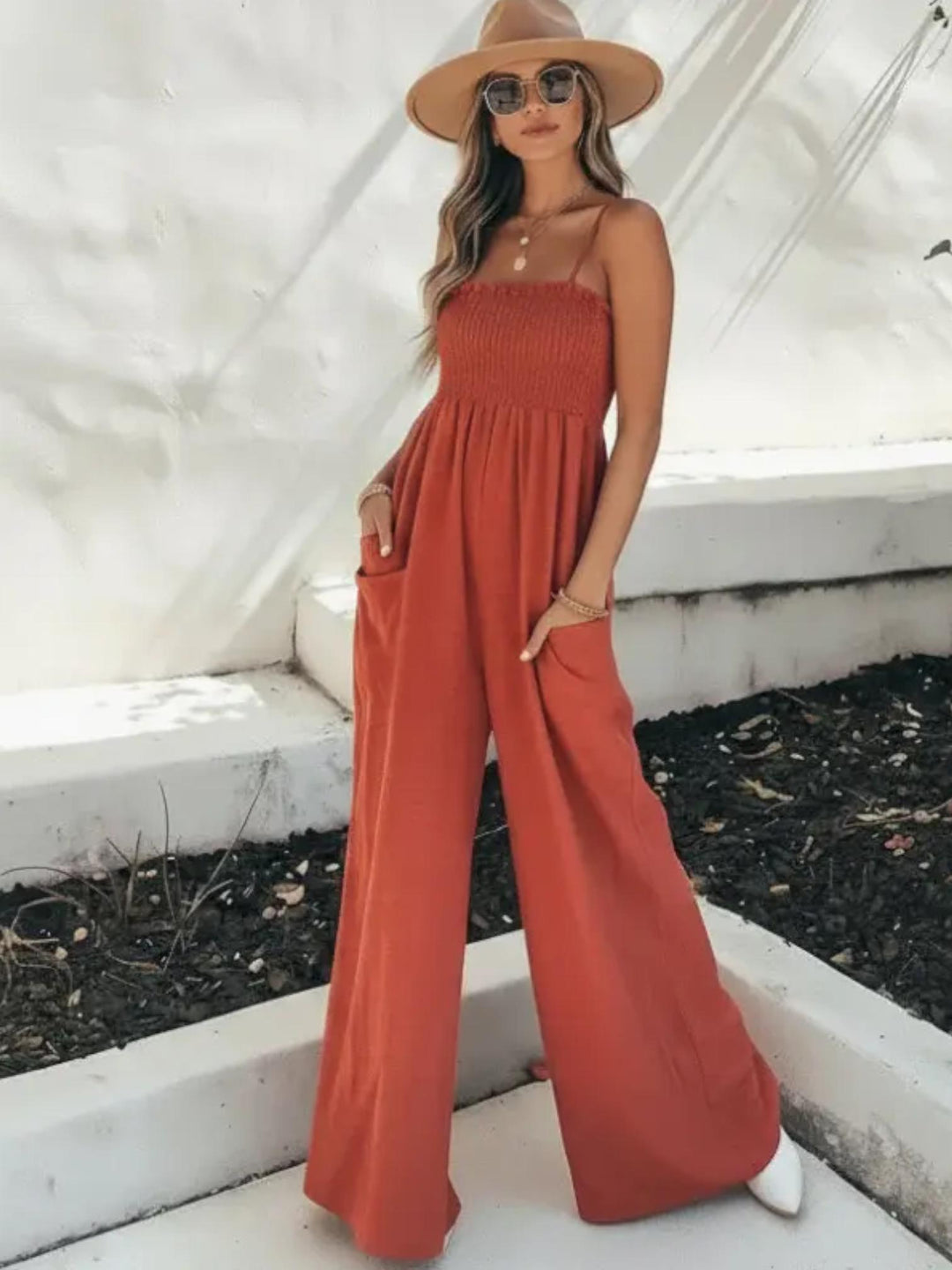 Woman wearing Red Jumpsuit Romper with relaxed, full-length | Lunova