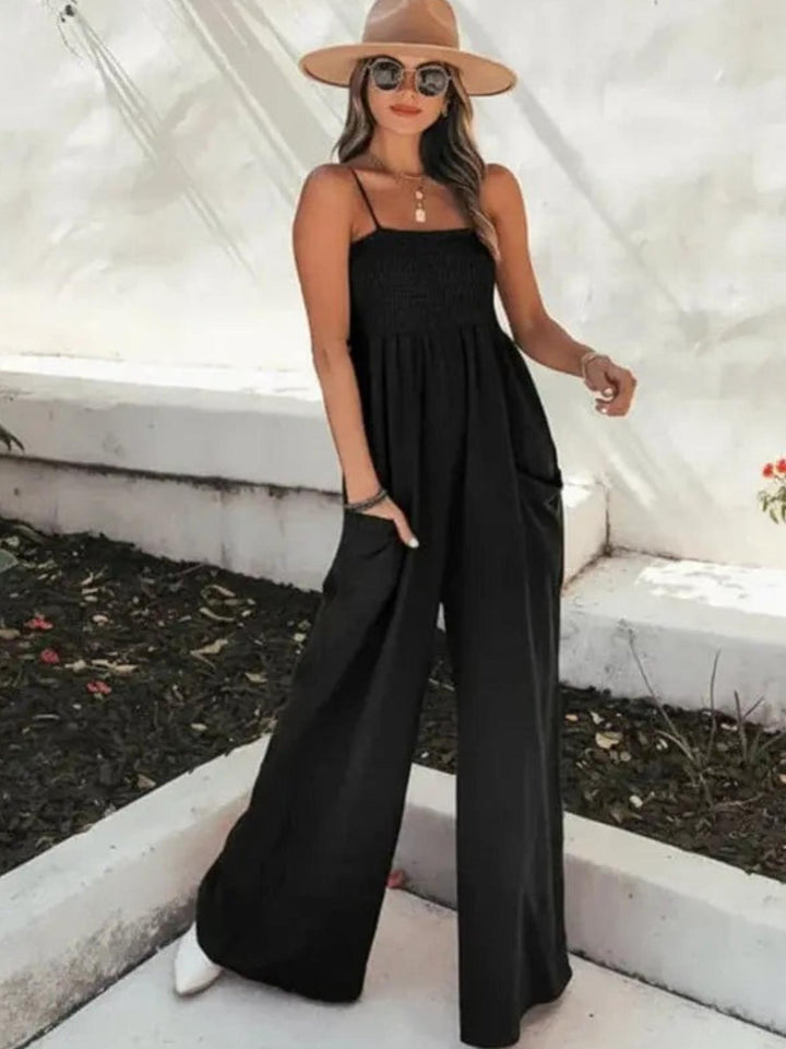 Woman wearing Black Jumpsuit Romper with relaxed, full-length | Lunova