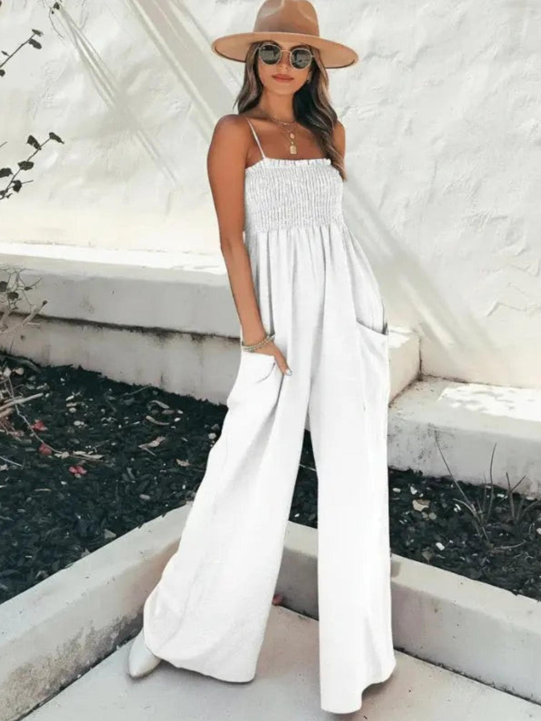 Woman wearing White Jumpsuit Romper with relaxed, full-length | Lunova