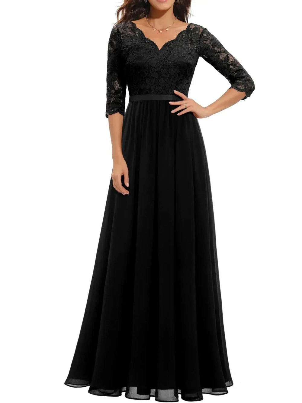 Woman wearing Black Lace Bodice Maxi Dress with A-line, lace | Lunova