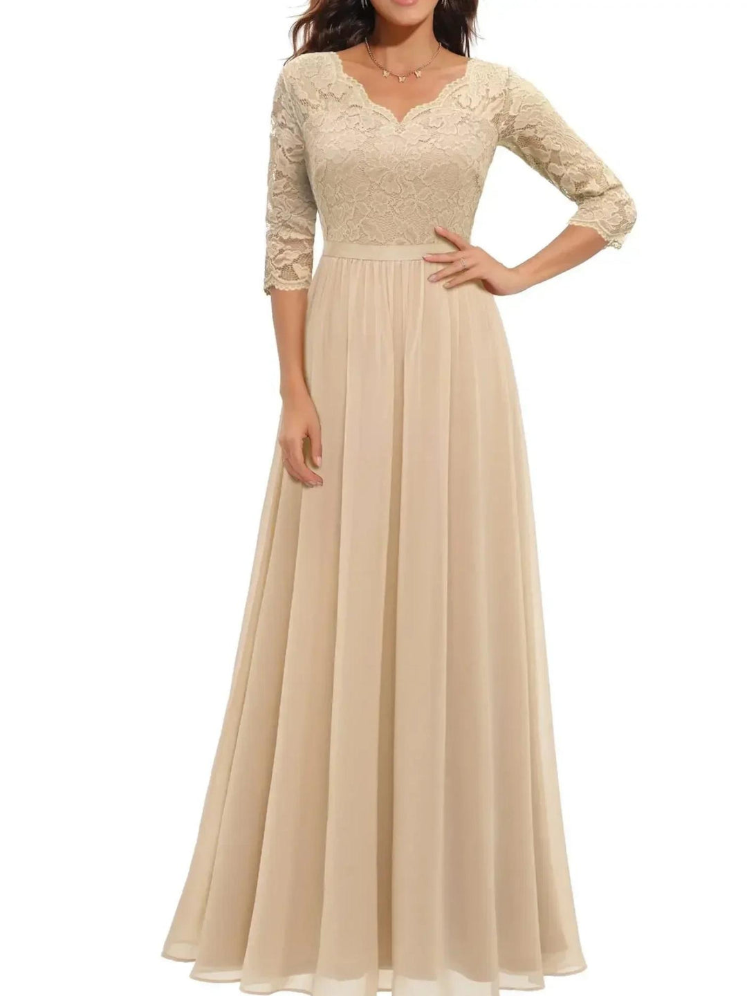 Woman wearing Champagne Lace Bodice Maxi Dress with A-line, lace | Lunova