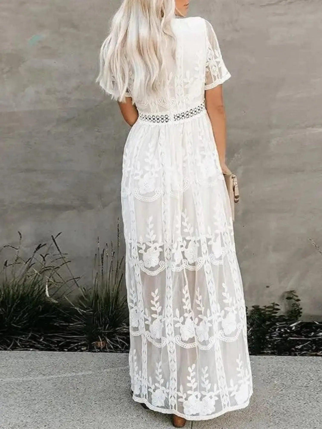 Woman wearing Lace Boho Maxi Dress with A-line, empire-waist — view 2 | Lunova
