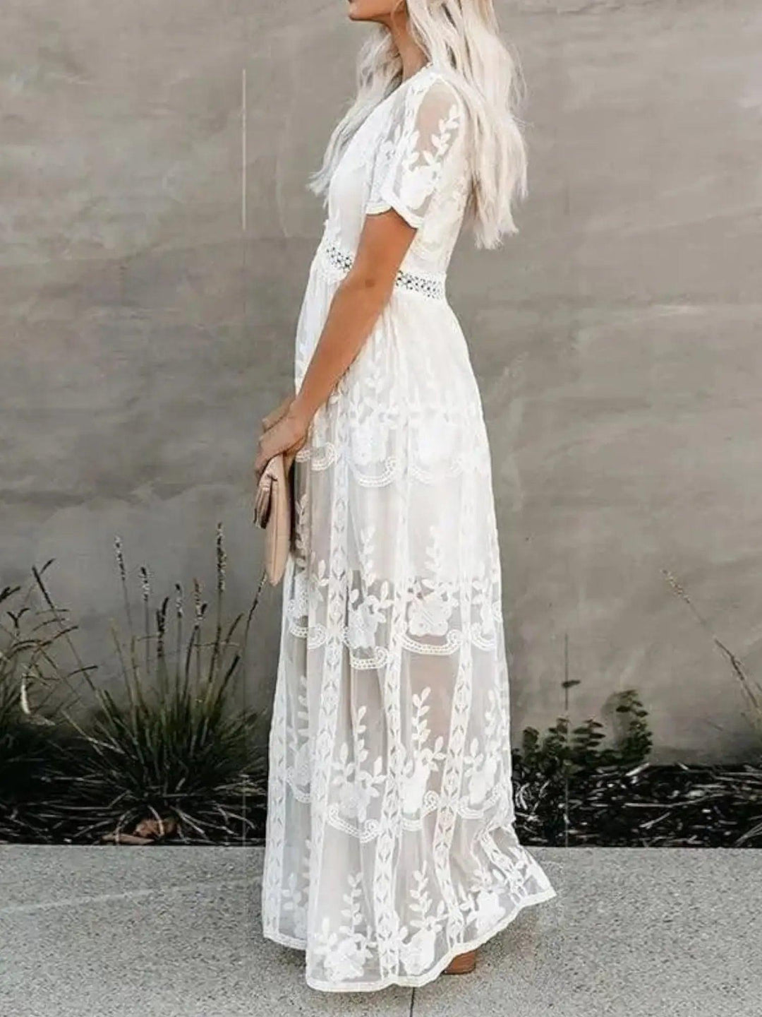 Woman wearing Lace Boho Maxi Dress with A-line, empire-waist — view 3 | Lunova