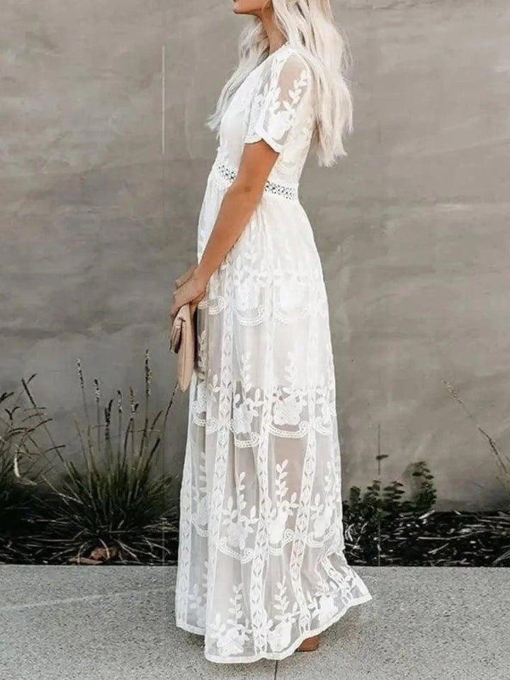 Woman wearing Lace Boho Maxi Dress with A-line, empire-waist — view 3 | Lunova