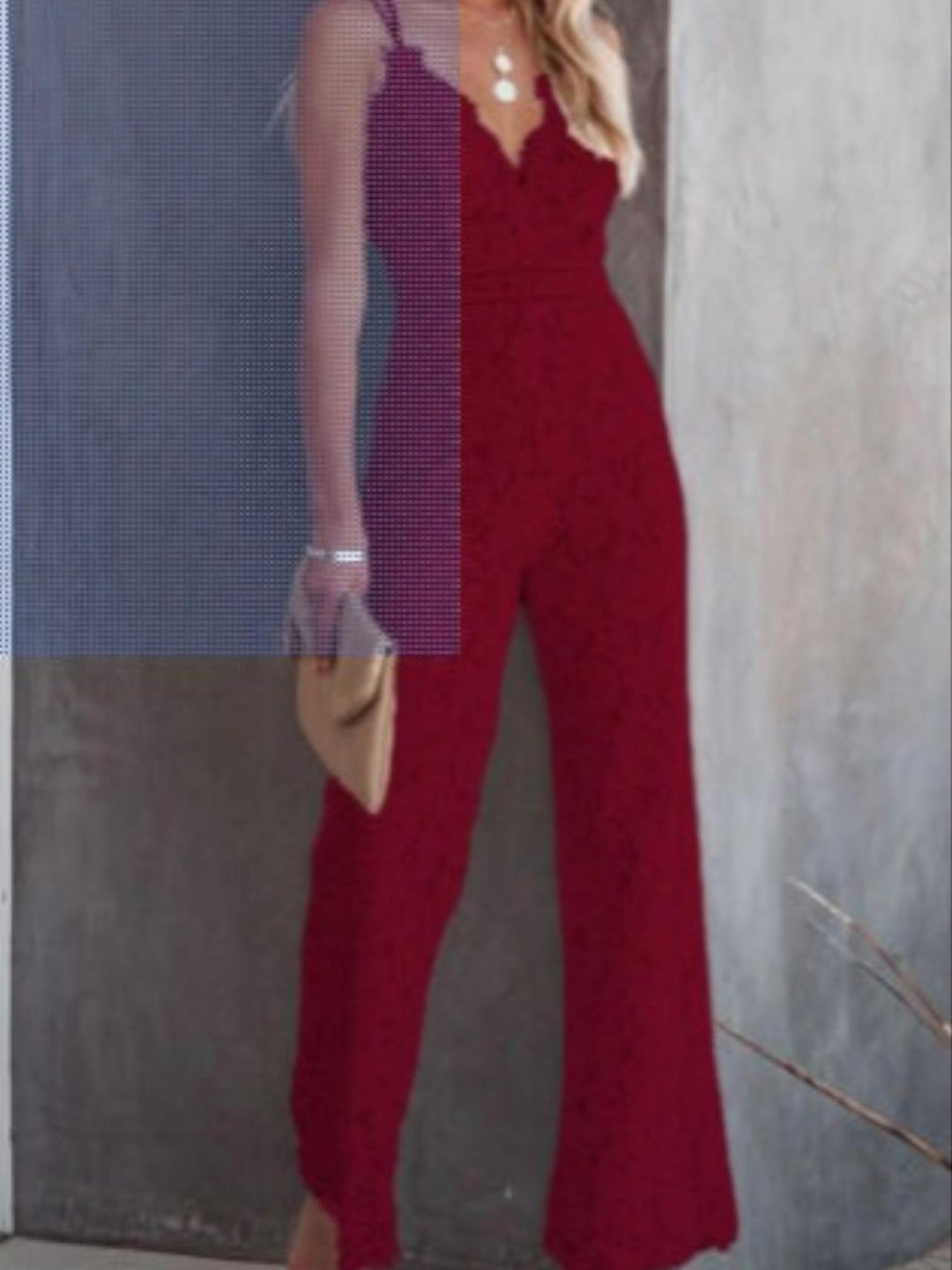 Woman wearing Red Lace Jumpsuit with V-neck, lace | Lunova