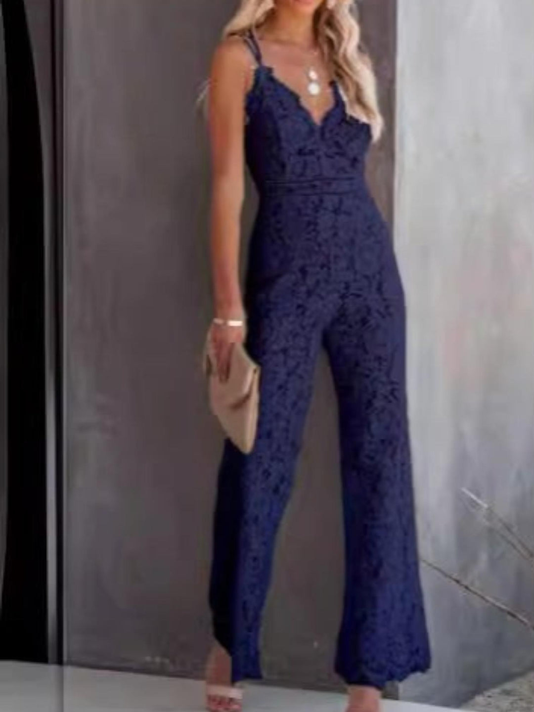 Woman wearing Dark Blue Lace Jumpsuit with V-neck, lace | Lunova