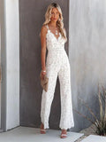 Woman wearing White Lace Jumpsuit with V-neck, lace | Lunova