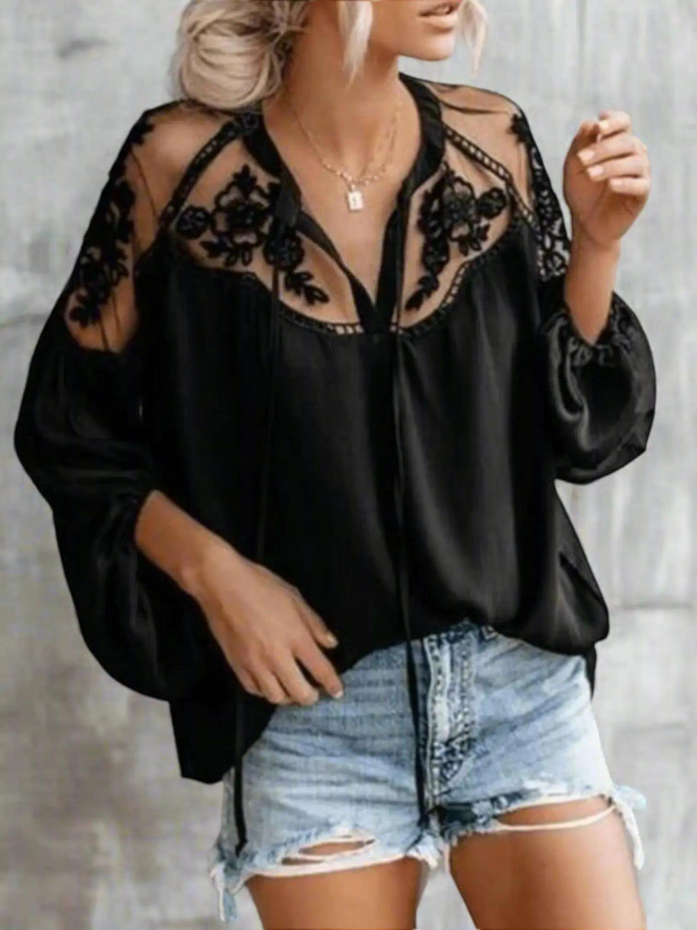Woman wearing Black Lace Long Sleeve Blouse with V-neck, lace | Lunova