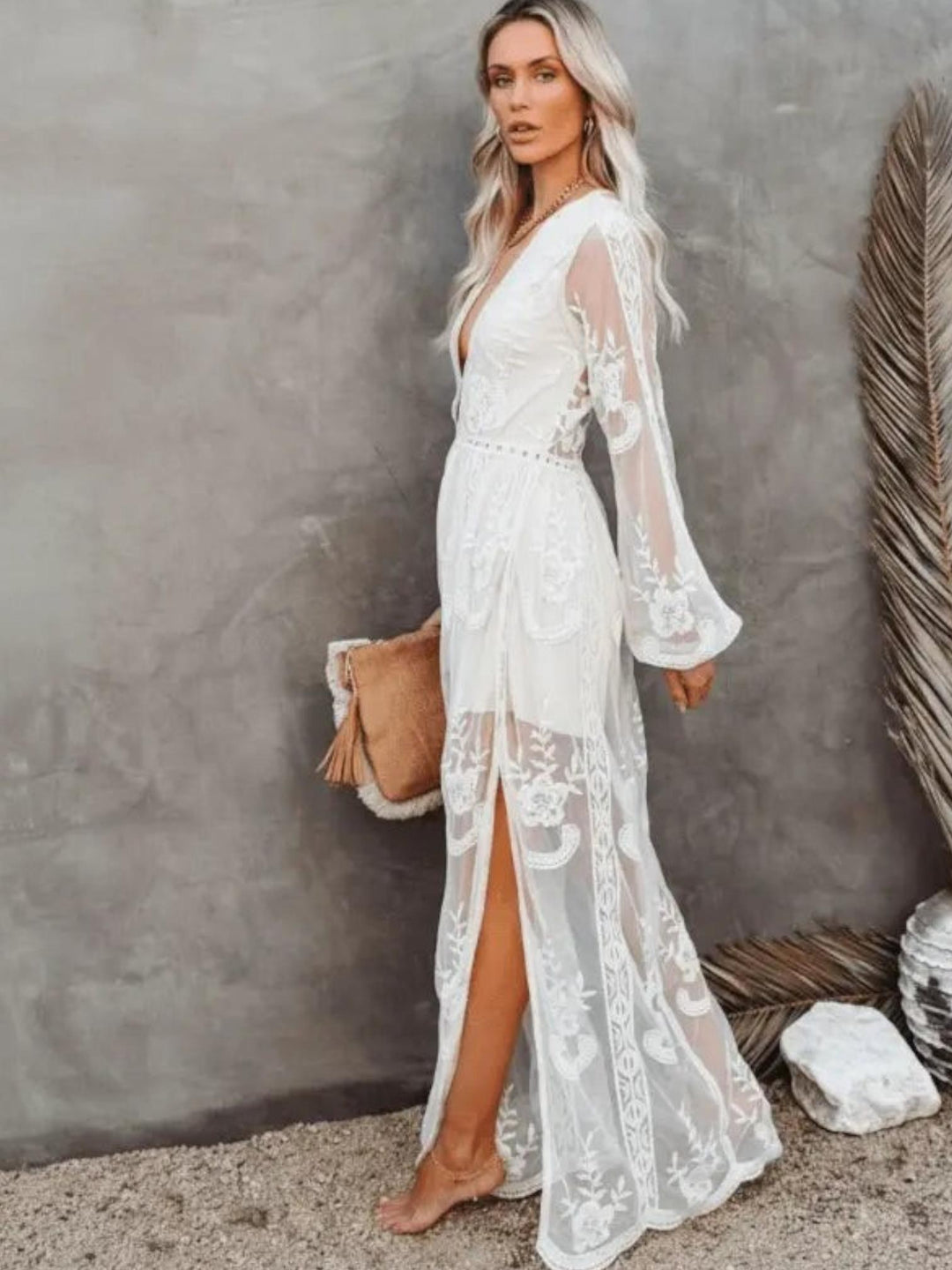 Woman wearing Lace Maxi Dress with A-line, empire-waist — view 2 | Lunova