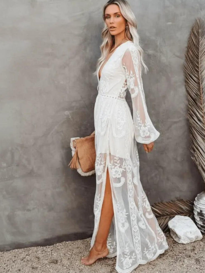 Woman wearing Lace Maxi Dress with A-line, empire-waist — view 2 | Lunova
