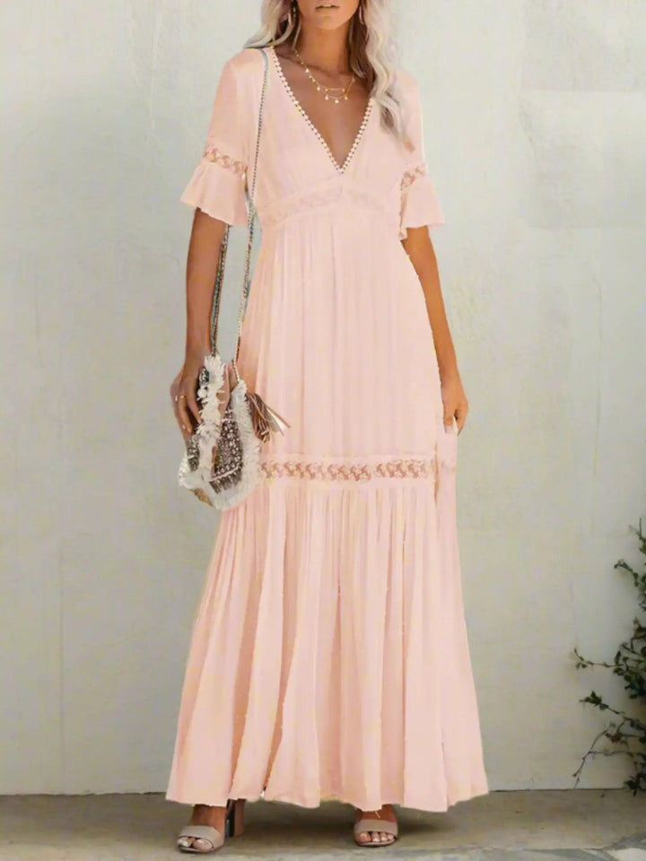 Woman wearing Pink Lace Maxi Dress with ruffled, V-neck | Lunova