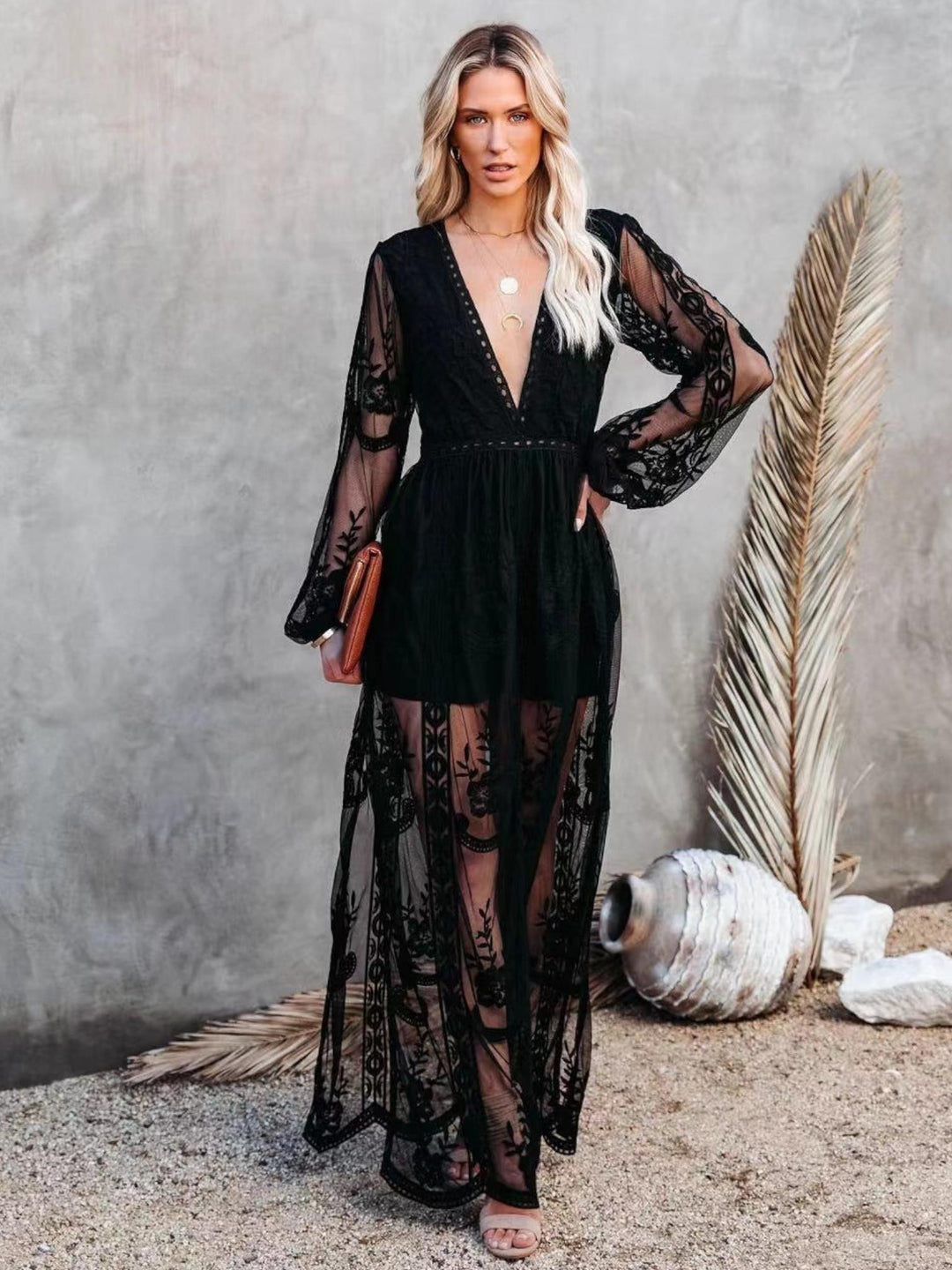 Woman wearing Black Lace Maxi Dress with A-line, empire-waist | Lunova