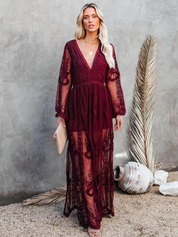 Woman wearing Wine Red Lace Maxi Dress with A-line, empire-waist | Lunova