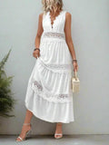 Woman wearing White Lace Maxi Dress with A-line, V-neck | Lunova