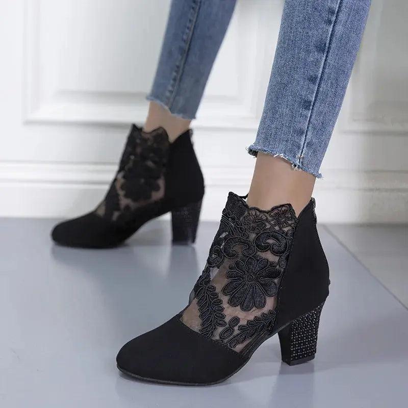 Black Lace Panel Boots with lace | Lunova