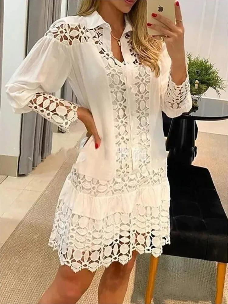 Woman wearing White Lace Ruffle Mini Dress with A-line, ruffled | Lunova
