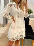 Woman wearing White Lace Ruffle Mini Dress with A-line, ruffled | Lunova