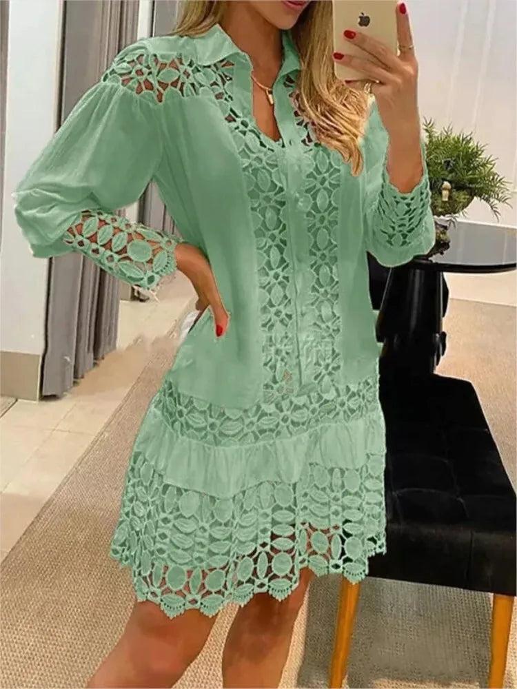 Woman wearing Light Green Lace Ruffle Mini Dress with A-line, ruffled | Lunova