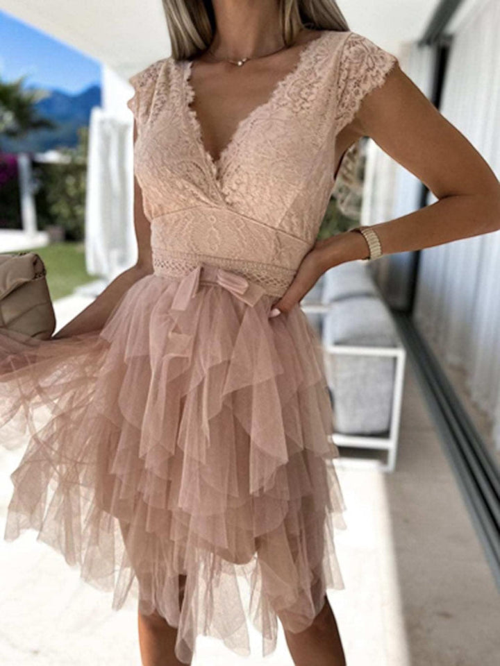 Woman wearing Lace Tiered Mini Dress with A-line, lace — view 2 | Lunova