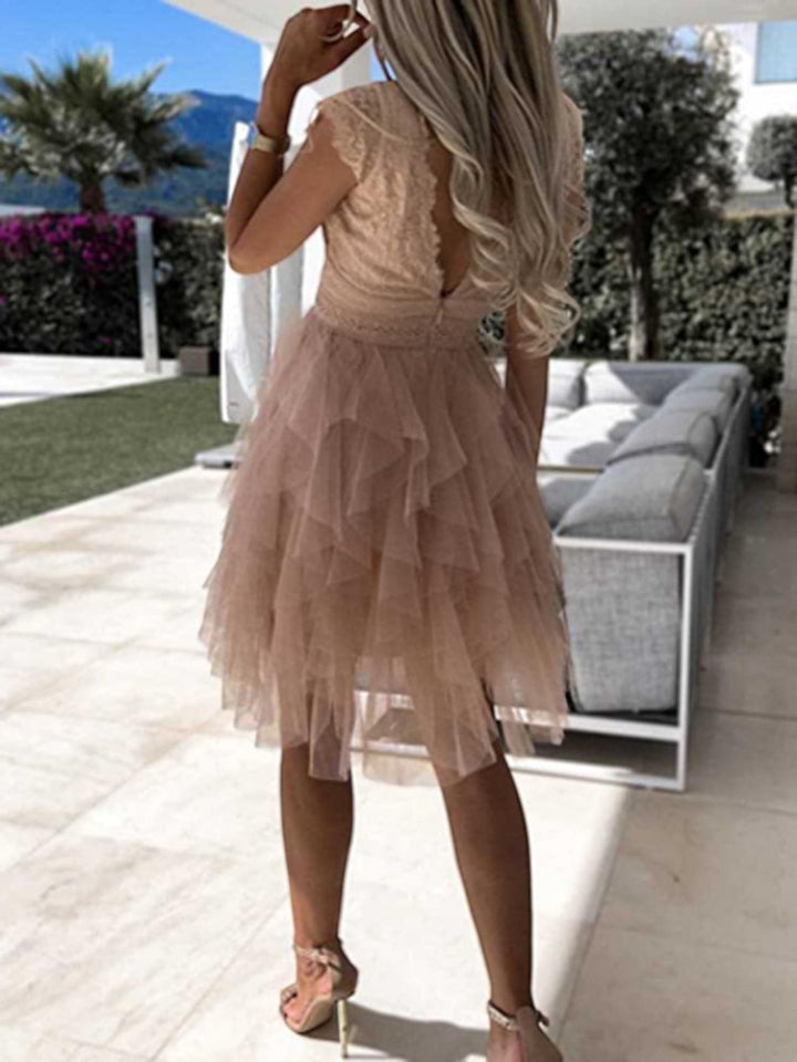 Woman wearing Lace Tiered Mini Dress with A-line, lace — view 3 | Lunova