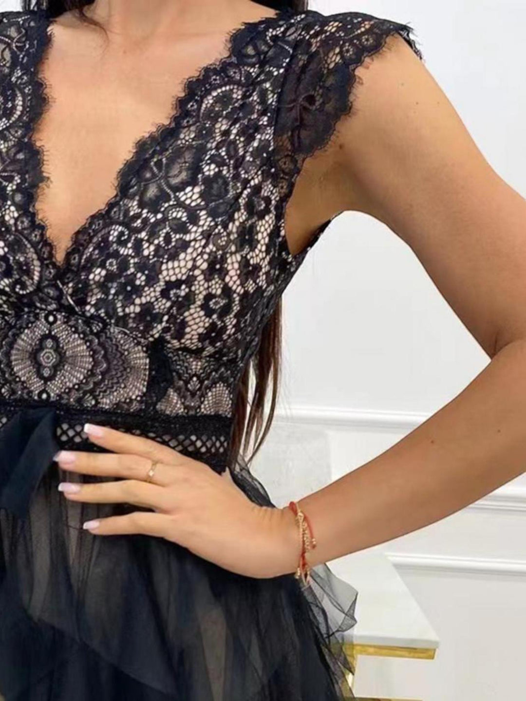 Woman wearing Lace Tiered Mini Dress with A-line, lace — view 5 | Lunova