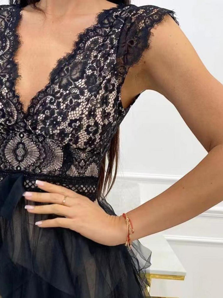 Woman wearing Lace Tiered Mini Dress with A-line, lace — view 5 | Lunova