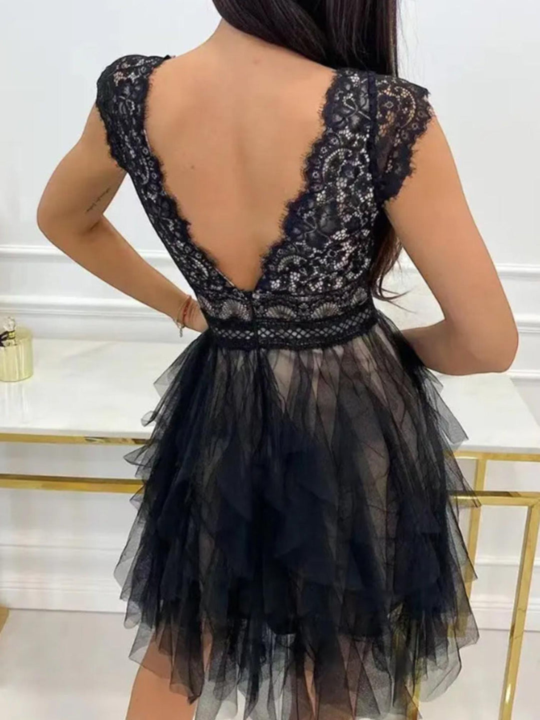 Woman wearing Lace Tiered Mini Dress with A-line, lace — view 6 | Lunova