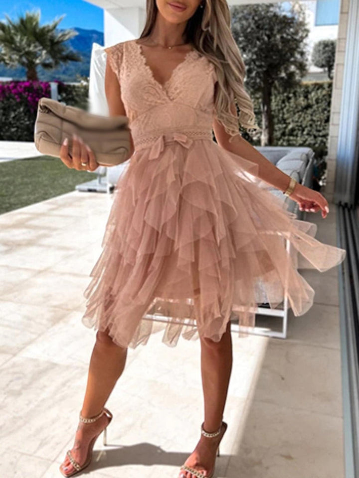 Woman wearing Pink Lace Tiered Mini Dress with A-line, lace | Lunova
